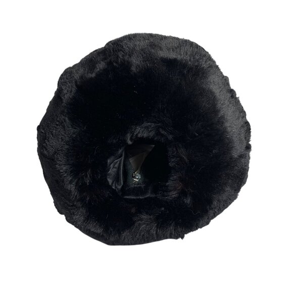 Black Faux Fur Hand Warmer Muff Satin Lining Wrist Strap For Winter Zip Pocket - Picture 2 of 5